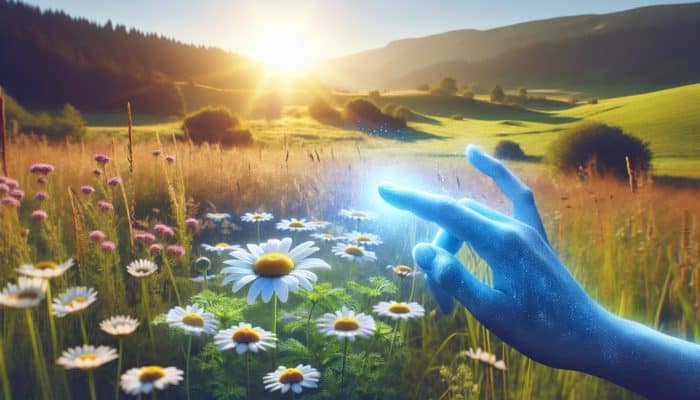 Chamomile flowers in a meadow releasing soothing blue essence onto irritated skin, reducing redness.