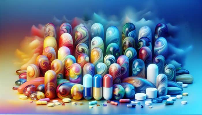 Colorful capsules and tablets with Vitamin C, B vitamins, zinc, and iron on a blue background.