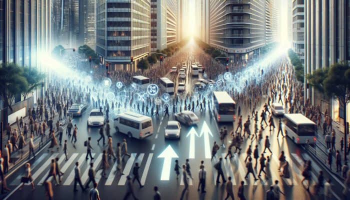 Urban Bug-Out Routes: Crowded city street with people evacuating via glowing arrows past high-rises and traffic during an emergency.