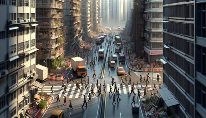 Dense urban landscape with narrow alleys, construction sites, roadblocks; people navigating on foot through traffic congestion during emergency evacuation.