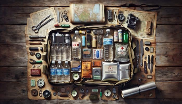 Bug-out bag on table with water, food, first aid, navigation tools, flashlight, multi-tool, whistle, emergency blanket.