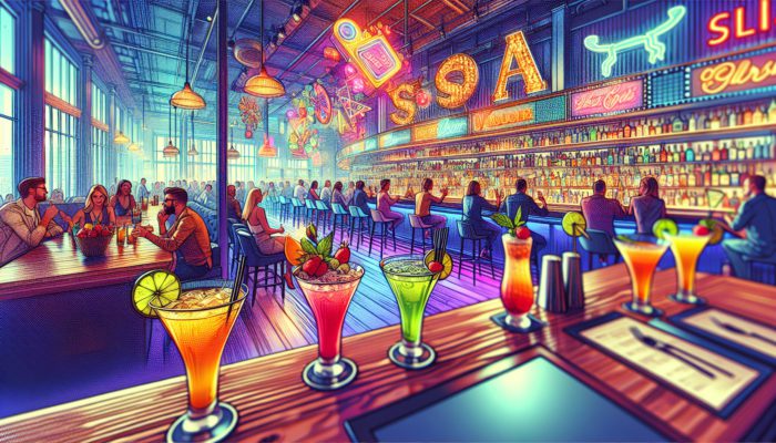 A vibrant Las Vegas bar scene during the day with patrons enjoying colorful sour cocktails.