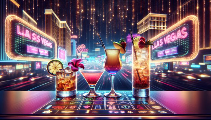 A vibrant Las Vegas bar scene with neon lights, showcasing Whiskey Sour, Hibiscus Sour, and Tom Collins cocktails, each uniquely garnished, set against casino glamour.