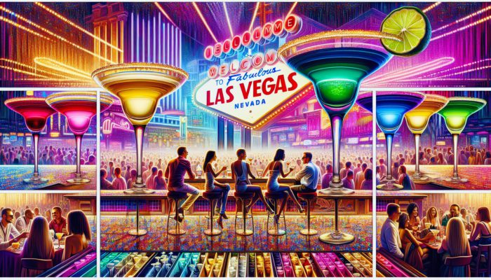 A vibrant Las Vegas bar scene at night with diverse groups enjoying various margarita atmospheres.