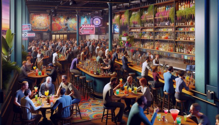 A vibrant Las Vegas bar scene during the day, featuring unique seasonal drinks and locals at themed events.