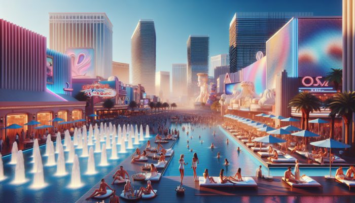 Lively Daylight Beach Club with sunbathers, DJs, and cocktails; elegant Petrossian Bar with fountain views and artisanal drinks.