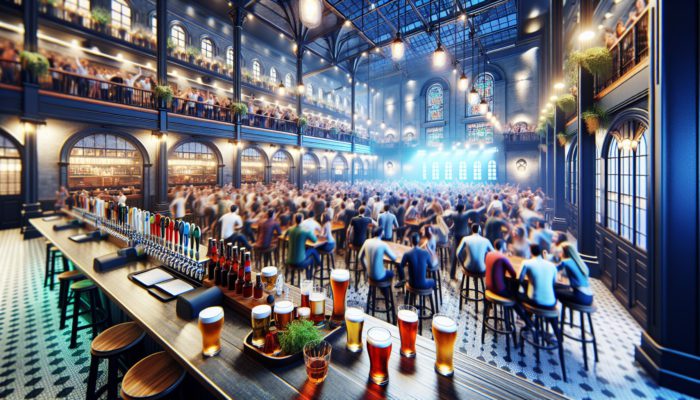 A vibrant pub scene at The Henry near The Wynn with energetic people, modern decor, and diverse beers.