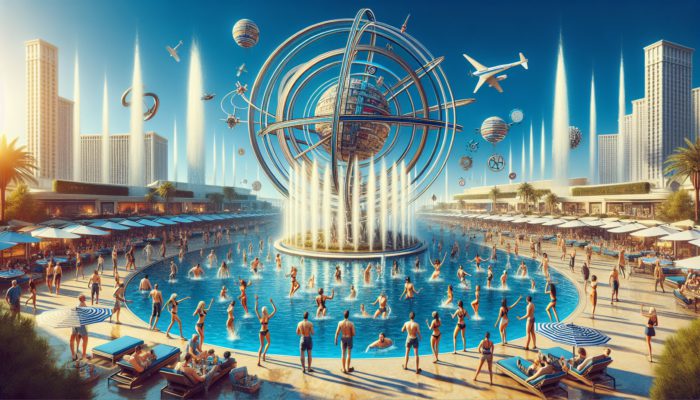 A lively group enjoying a daytime outing in Las Vegas, with landmarks like the Bellagio fountains and High Roller, engaging in activities such as a pool party and zip line.