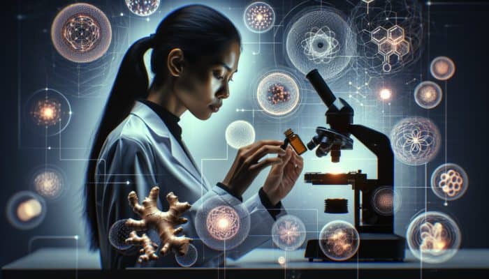 A scientist examining black ginger extract under a microscope, with performance graphs in the background.