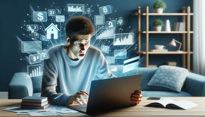 How to Evaluate Debt Consolidation Loan Offers in the UK | DCL Person reviewing credit report on laptop, surrounded by financial documents, looking worried in home office.