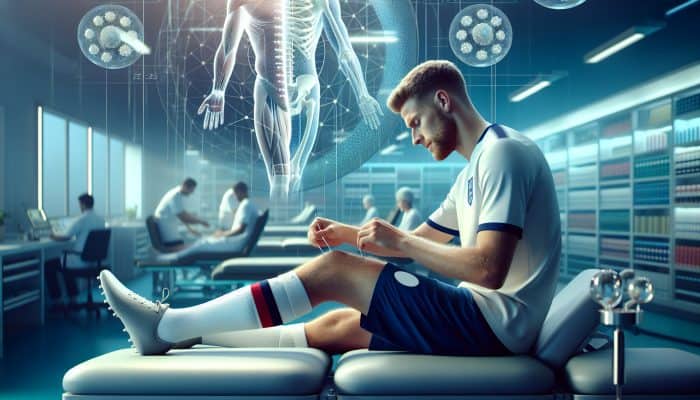 A professional football player receiving acupuncture for chronic hamstring injuries in a modern UK clinic.