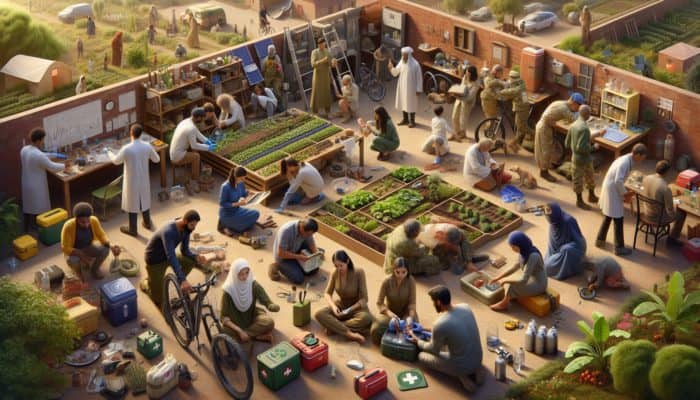 A diverse group of preppers in a fortified community, united, sharing resources and skills, preparing for emergencies.