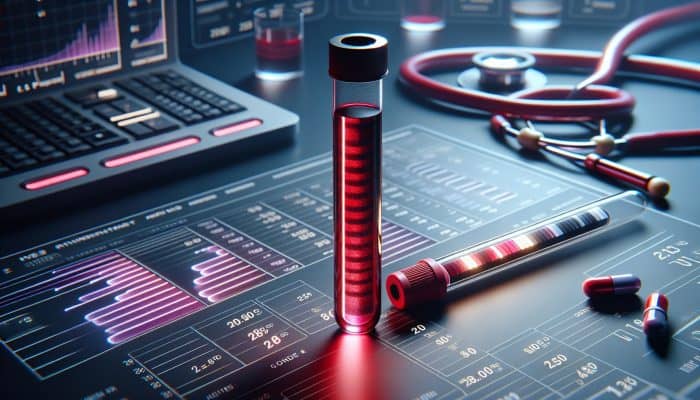 A blood sample in a test tube with a digital display showing normal ferritin levels of 20-250 ng/mL, surrounded by medical charts and a stethoscope.