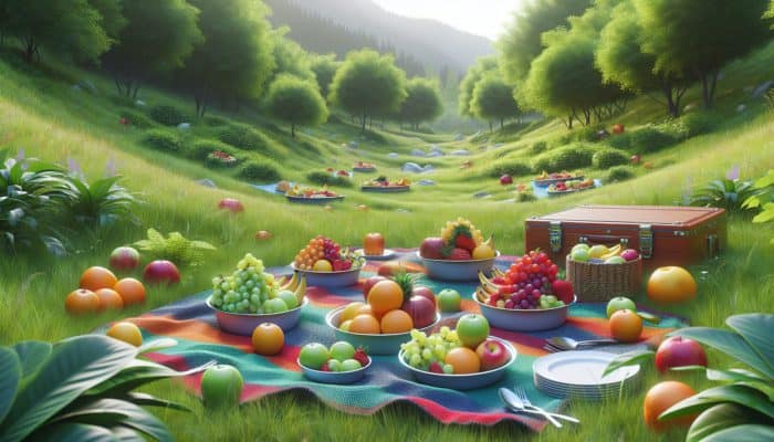 A vibrant picnic scene with portable dishes on a colorful blanket, surrounded by lush greenery and seasonal fruits.