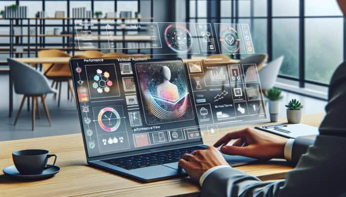 A manager using a laptop for video calls with virtual assistants, with task lists and performance charts visible.