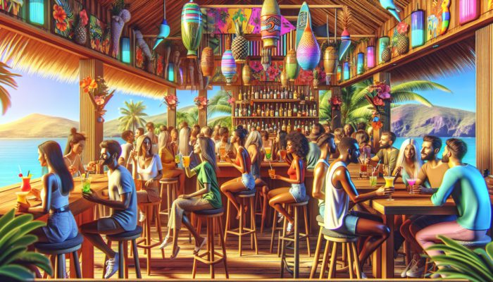 Friends enjoying low-alcohol tiki cocktails responsibly at a vibrant daytime tiki bar with tropical decor.