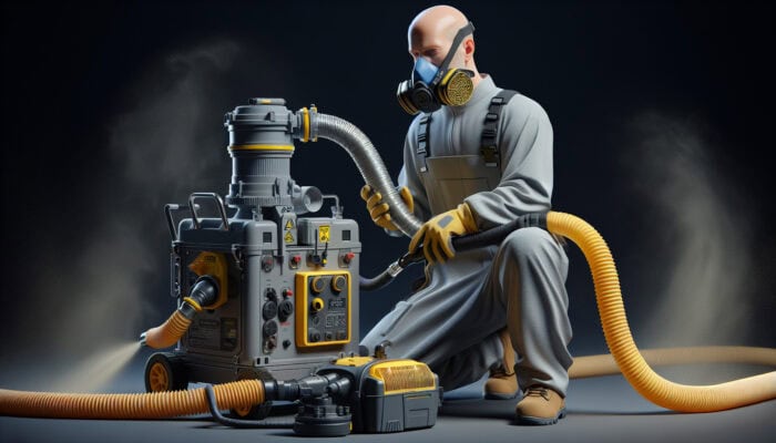 Dust Protection Tools for Clearance Jobs: A worker at a construction site using various dust protection tools including a respirator, coveralls, gloves, goggles, dust extraction system, vacuum, HEPA filters, and suppression sprays.