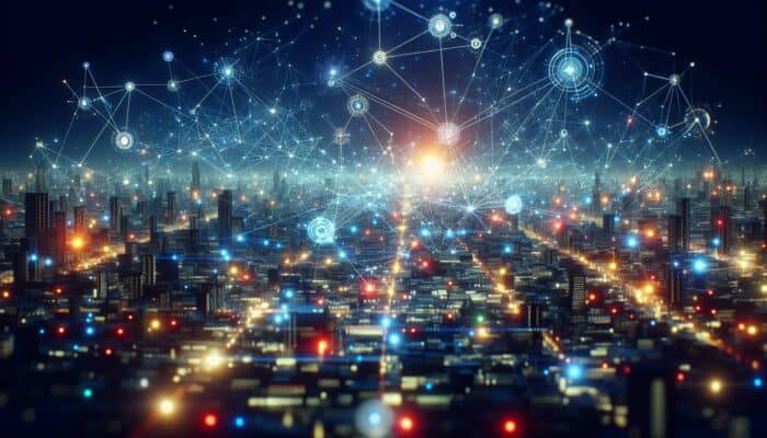 A digital landscape with vibrant nodes and glowing pathways optimizing content, set against a futuristic cityscape.