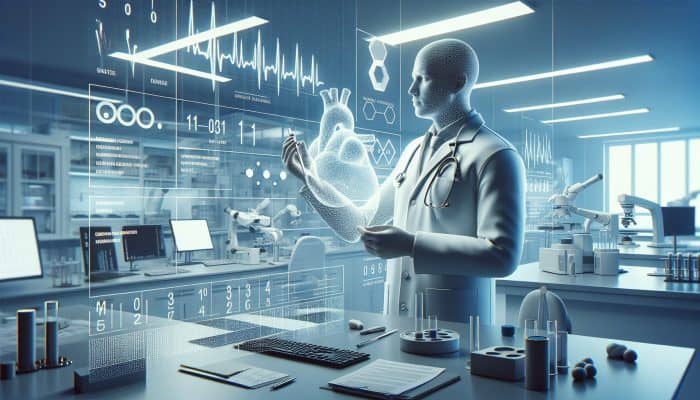 Person in lab coat analyzing cholesterol test results in a modern lab setting.
