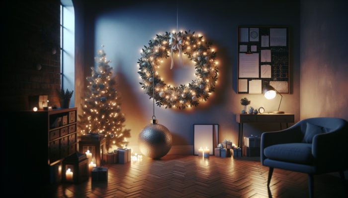 A minimalist holiday scene with a simple wreath, elegant lights, and a single ornament in a cozy room.