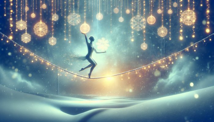 A person balancing on a tightrope with holiday lights, in a serene winter scene with falling snow.