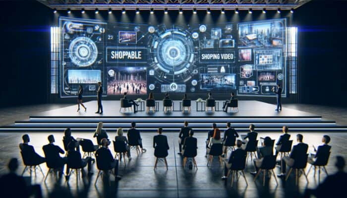 Industry leaders discussing shoppable video trends on a modern stage with interactive screens in a futuristic conference hall.