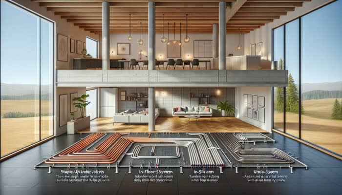 A display of four types of hydronic radiant floor heating systems showcased in a modern room setting.