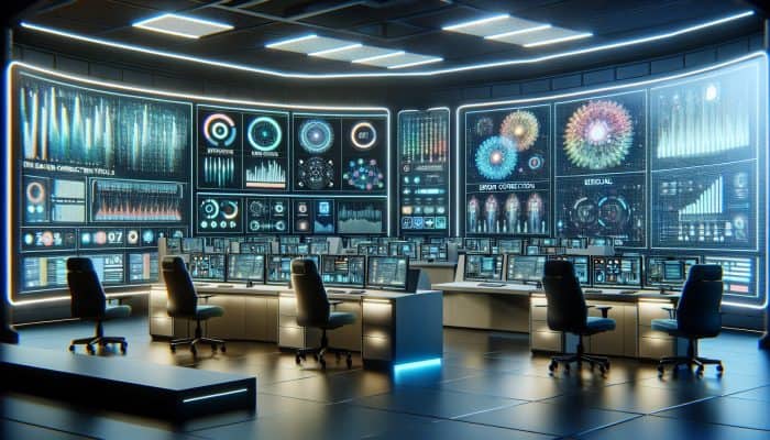 Futuristic control room with screens showing data visualizations and error correction tools using Tableau and Microsoft Power BI.