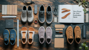 Seven pairs of various styles of Xero Shoes are arranged on a wooden surface, accompanied by insoles, measuring tools, a compass, small cardboard pieces, and an open booklet titled "Xero Shoes: An-Ident Exploration Guide.