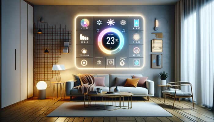 Smart thermostat in a modern living room, controlled via smartphone, with sensors monitoring the heating system's performance.