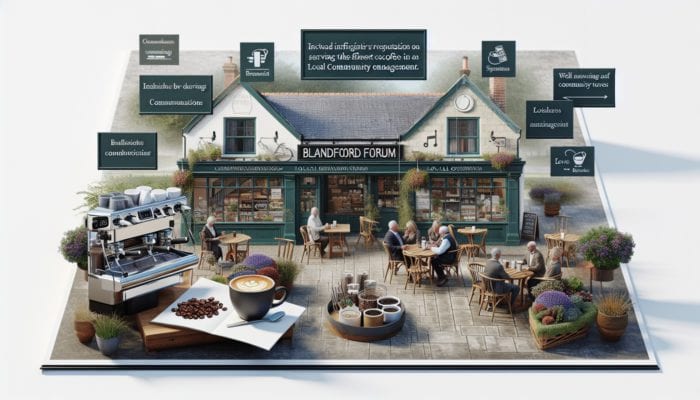 A busy café in Blandford Forum showcasing signs for the best coffee and community event posters.