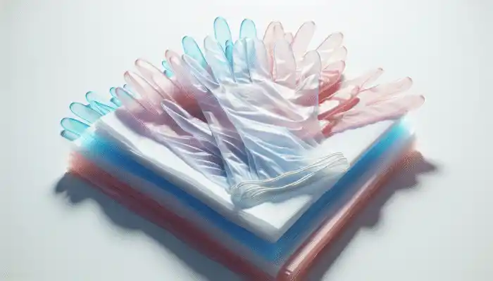 Polythene Gloves in Swanscombe: Disposable polythene gloves in various colors on a white surface, showcasing their thin, flexible texture and transparency.