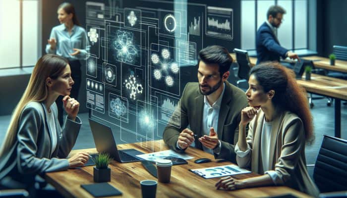 A small business team discussing digital marketing data on screens, strategizing with an expert consultant.