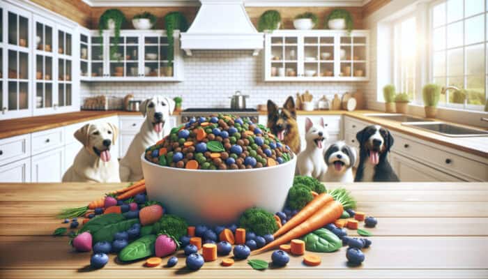 A vibrant bowl of pet food with blueberries, carrots, and spinach, surrounded by energetic dogs and cats in a cheerful kitchen.