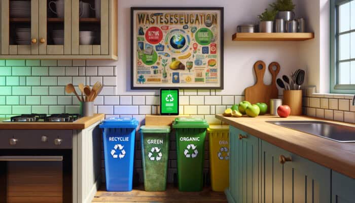 UK household kitchen corner with colorful recycling bins, composter, tablet showing recycling app, and waste segregation posters.