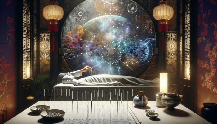 Acupuncture for Energy Enhancement: A serene acupuncture session with needles in a patient's back, promoting energy flow in a traditional Chinese room.