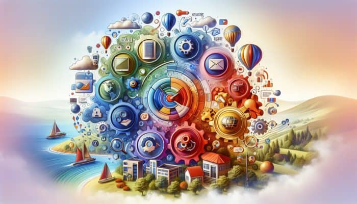 A vibrant digital landscape showing internet marketing channels enhancing visibility for Swanage small businesses.