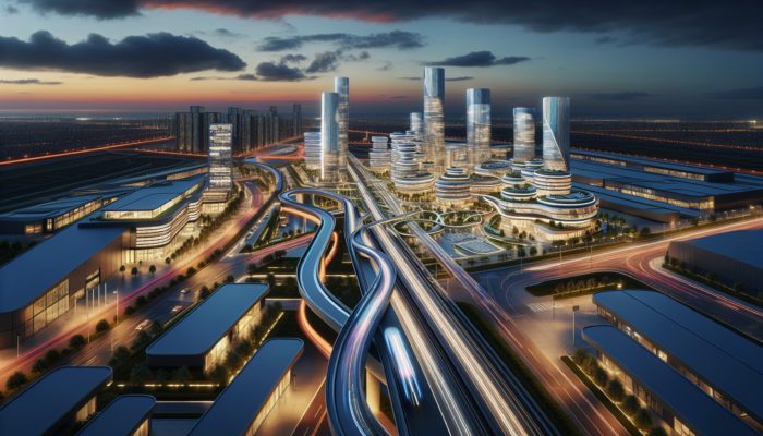 Futuristic Postmasburg cityscape at twilight with new transport routes, modern developments, and vibrant city lights.