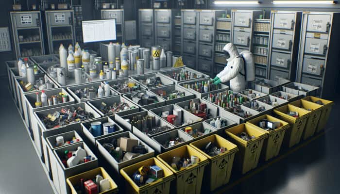 Individual in hazmat suit responsibly disposing of hazardous waste such as batteries and electronics at a UK facility.