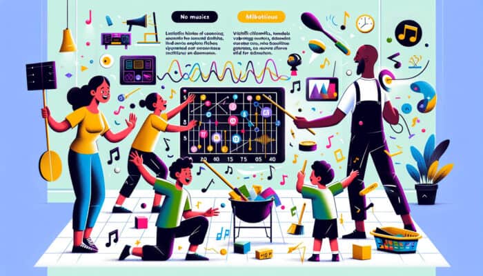 A family engaging in decluttering their home, making it a fun competition with music and a scoreboard, while children choose items to donate.