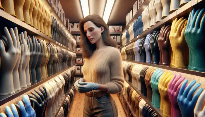 A woman in Herne Bay inspecting various latex gauntlet gloves in a well-lit retail space.