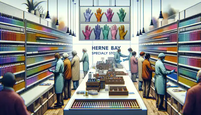 Shelves filled with premium latex gauntlet gloves in various thicknesses and chemical resistances, with staff assisting customers in fitting.