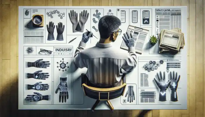 A person in Cambridge reviewing safety gloves using industry journals and online platforms, surrounded by gloves.