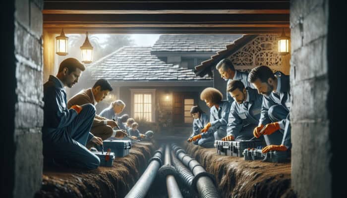 A team of specialists assessing a moist crawl space in Mission to improve drainage efficiency.