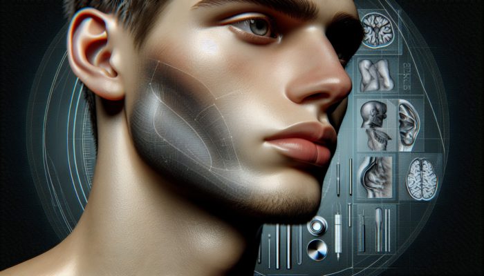 Portrait of individual with a defined jawline showing swelling and discoloration post contouring, in a clinical setting with medical tools.