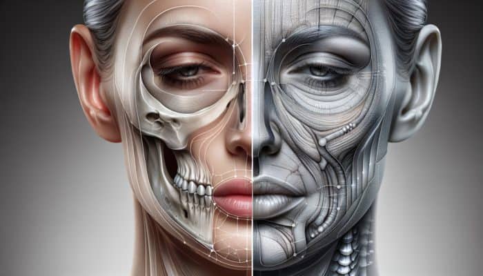 Illustration depicting factors influencing jawline contouring: bone structure, skin elasticity, health, and age-related skin response comparisons.