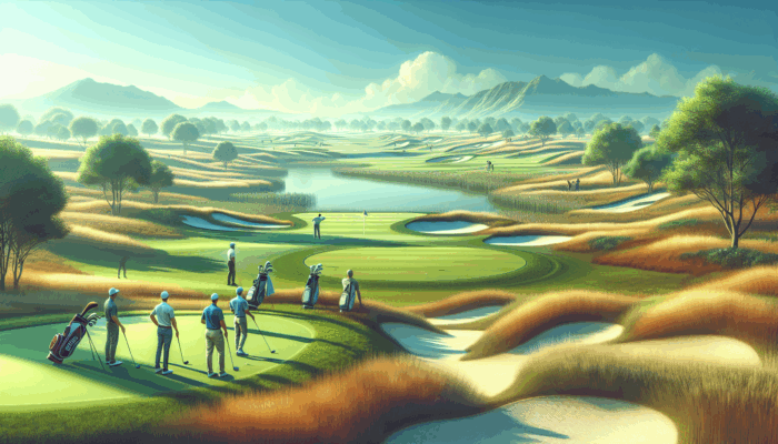 A serene Parow Golf Club golf course displaying unique features, expert golfers, lush greens, and strategic bunkers.