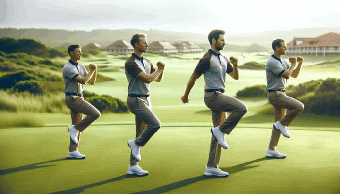 South African golf professionals doing dynamic warm-ups on a green course, improving mobility and mental focus.