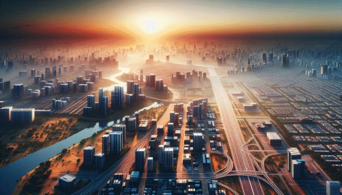 Aerial view of Mahikeng at sunset, showcasing new roads, modern infrastructure, and diverse property developments.