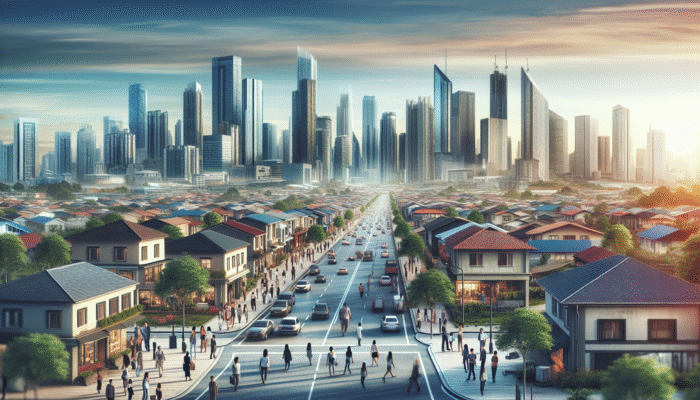 A vibrant Mahikeng street featuring modern residential and commercial properties, symbolizing economic growth and investment opportunities.